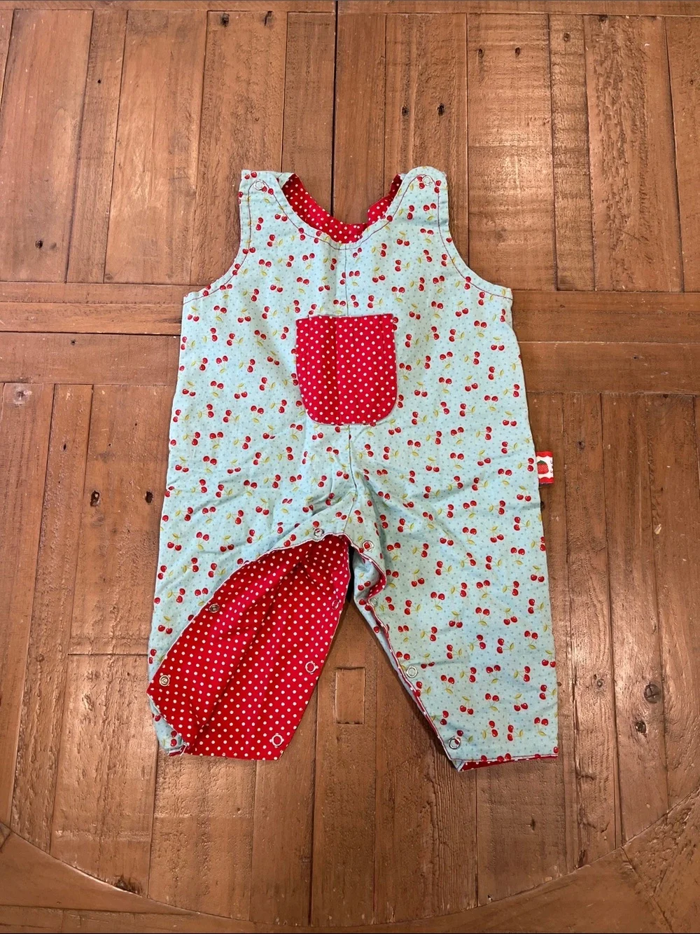 Boutique Aqua cherry print reversible red polka dot overalls 6-9 months